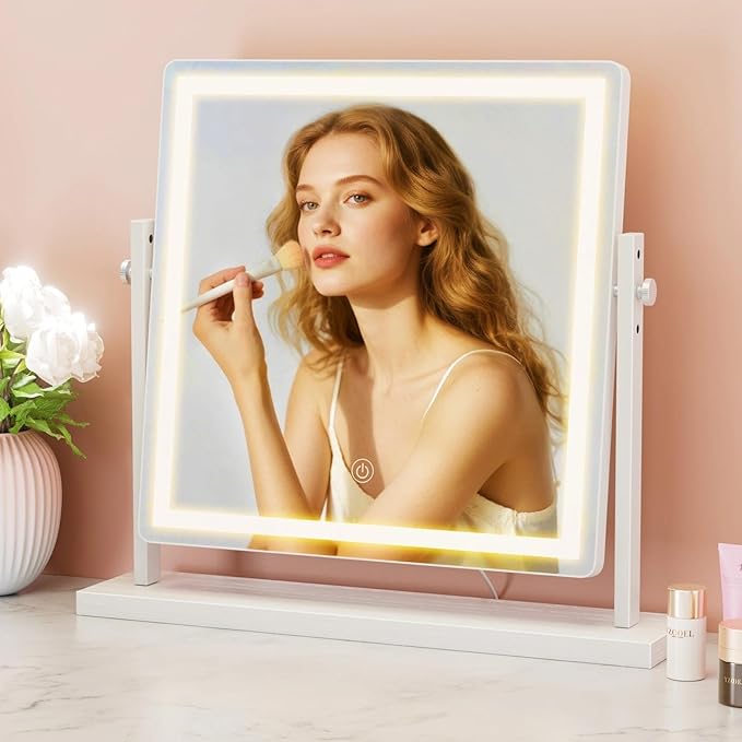 Makeup Vanity Mirror with Lights - 15.7"x15.7" LED Lighted Make Up Mirrors Adjustable Height, Touch Screen with 3-Color Lighting, Dimmable, 360° Rotation, for Dorm Desk Tabletop, Bedroom