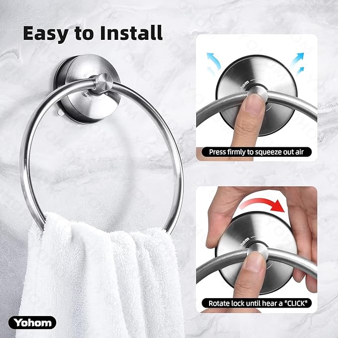 YOHOM Suction Cup Towel Ring Hand Towel Holder for Bathroom Vacuum Suction Washcloth Holder Dish Towel Hanger for Shower Wall No Drill Stainless Steel Brushed Finish, 2 PCS