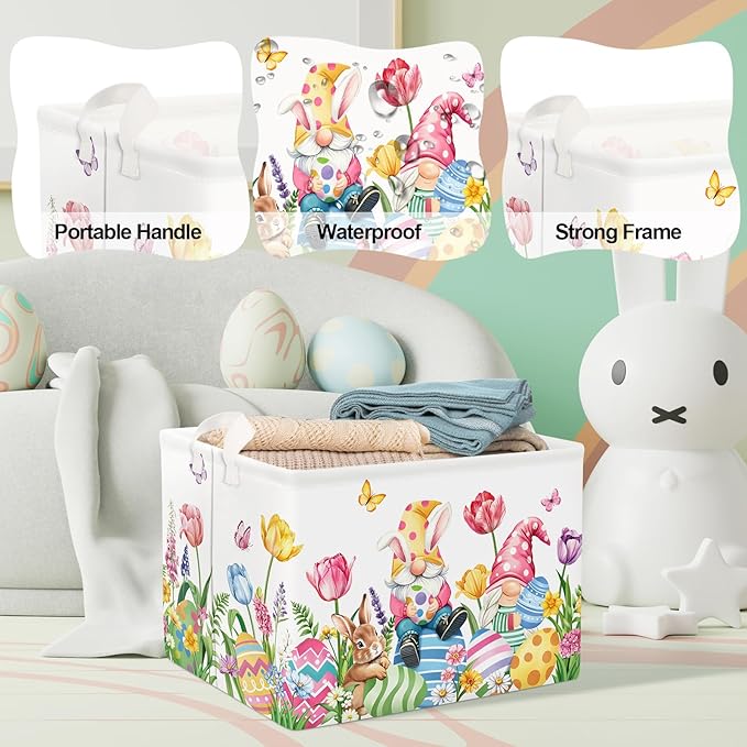 Clastyle Large Egg Rabbit Easter Basket Stuffers Butterfly Tulips Baby Gift Basket Empty Toy Nursery Bin Collapsible Spring Flower Clothes Storage Organizer for Bedroom,Gnome,40x30x30 cm