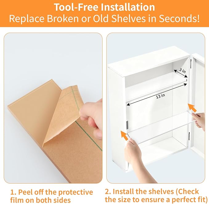 4 Pcs Medicine Cabinet Replacement Shelves, 13''L x 3''W Acrylic Medicine Cabinet Shelving Boards for Bathroom, Kitchen, Living Room
