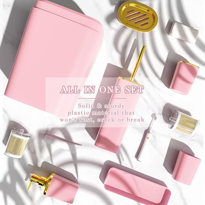 XLHOMO Bathroom Accessories Set - Luxury Pink Bathroom Set, 9 Pieces Bathroom Accessory Set, Pink Bathroom Accessories with Trash Can, Toilet Brush & Soap Dispenser