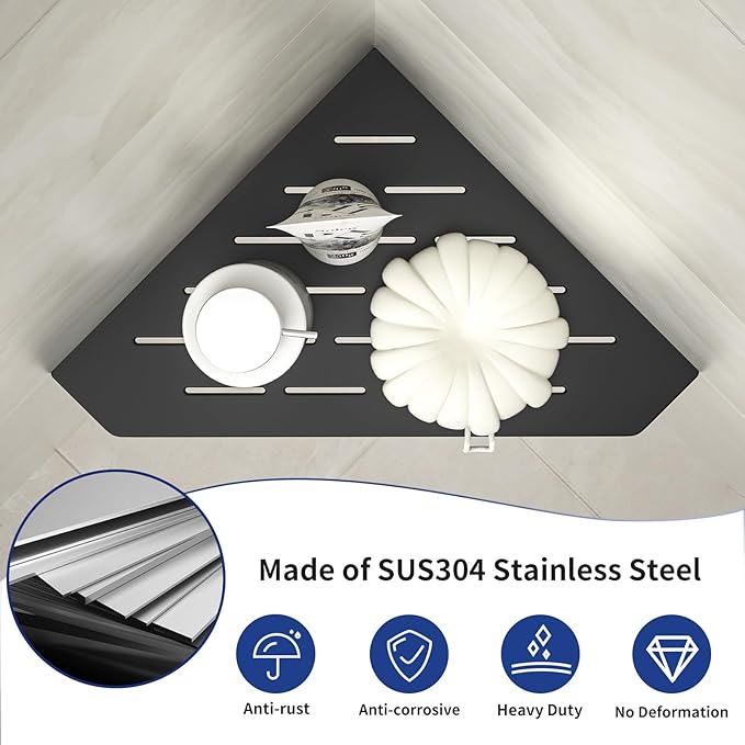 Corner Shower Shelf 10", Matte Black 304 Stainless Steel Pentagonal Heavy Duty Floating Corner Shelves, Slot Design Recessed Bathroom Shelf for Tiled Wall