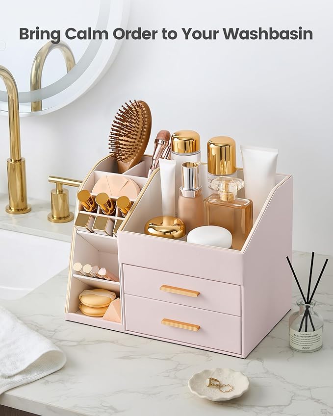 Lolalet Makeup Organizer with Drawers, PU Leather Spacious Skincare Holder Lipsticks Perfume Brushes Beauty Essentials Display Case for Vanity Dresser Countertop Bathroom Easy to Clean -Pink