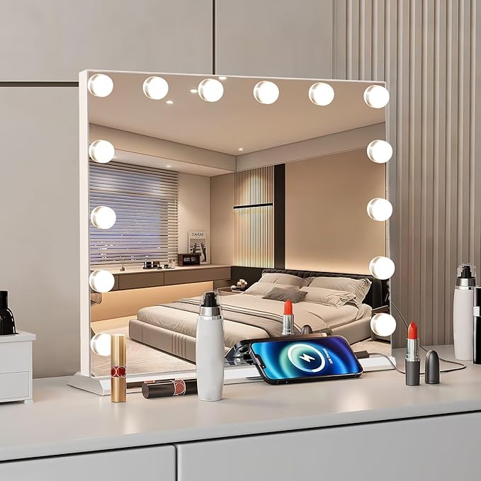 Hollywood Vanity Mirror with Lights, Lighted Makeup Mirror with 10X Magnification, Vanity Makeup Mirrors with Lights, USB Charging Port Touch Control, 14 LED Bulbs 3 Lighting Modes