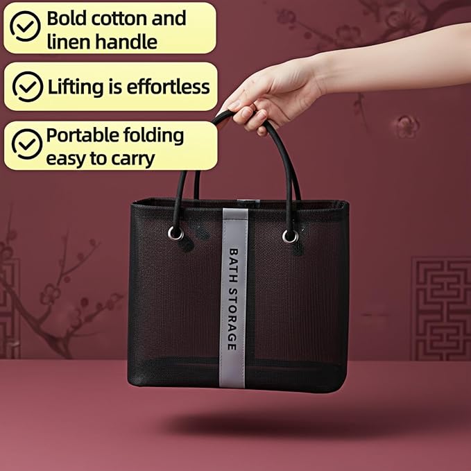 Large Shower Caddy with Wide Mouth, Foldable Mesh Organizer for Bathroom, College Dorm, Gym & Camping - Heavy Duty Cotton Handle, Quick-Dry Storage for Toiletries