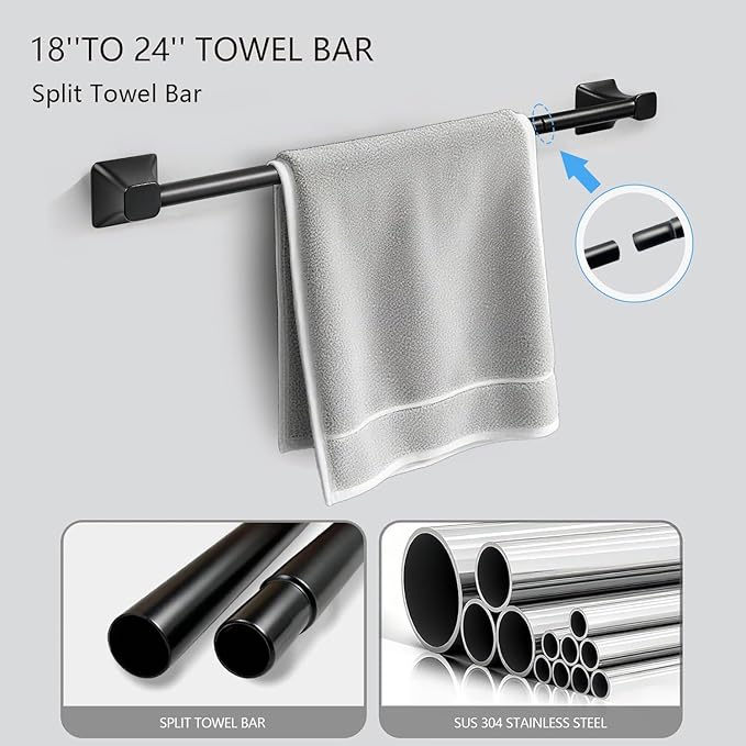 5-Piece Matte Black Bathroom Hardware Accessories Set, Stainless Steel Bathroom Towel Bar Set, 24 Inch Towel Bar, Towel Ring, Toilet Paper Holder, 2 Towel Hooks, Towel Racks for Bathroom Wall Mounted