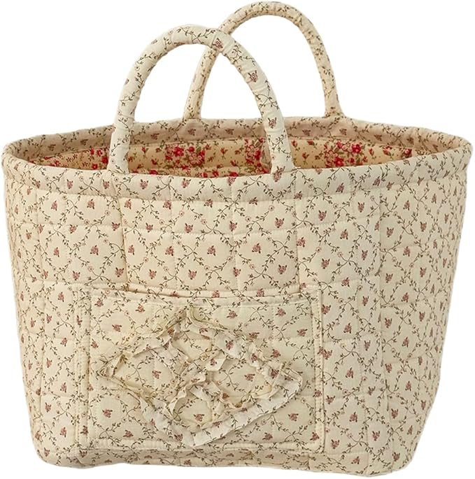 Quilted Fabric Storage Basket Boho Floral Laundry Baskets with Handles Collapsible Quilted Soft Basket for Car, Clothes, Toys Storage