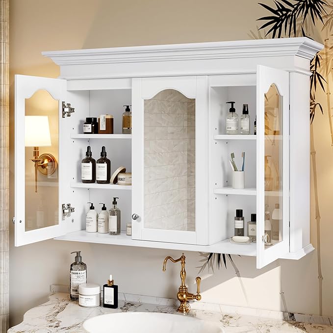 Merax Wall Mounted Bathroom Medicine Cabinet with Mirror, 40" x 28" Bathroom Wall Cabinet with Storage, Glass Doors and Adjustable Shelves, Mirrored Door Over The Toilet Storage Cabinet