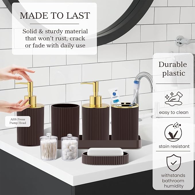 Brown Bathroom Accessories Set, 10PC Bathroom Set, Bath Accessory with Pop Up Trash Can, Soap Dispenser, Toilet Brush, Toothbrush Set Qtip Holders & Tray