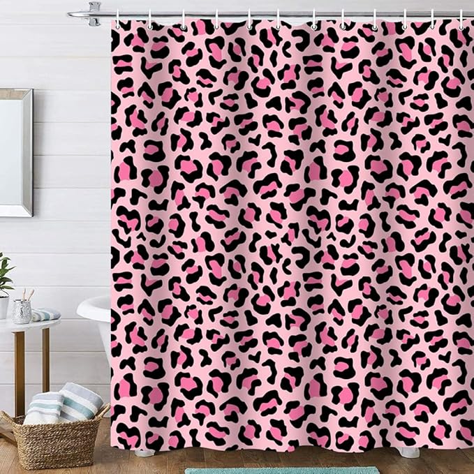 Onalasyc 4 Pcs Leopard Shower Curtain,Cheetah Shower Curtain Bathroom Set,Pink Animal Print Leopard Waterproof Bathroom Sets with Shower Curtain and Rugs,juego de baño,with 12 Pcs Hooks