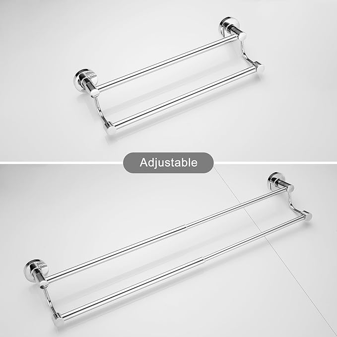 Adjustable Double Towel Racks for Bathroom 15 to 26.5 Inch Towel Bar, Expandable Bright Chrome Double Bath Towel Holder, Wall Mount with Screws Towel Bar Rod