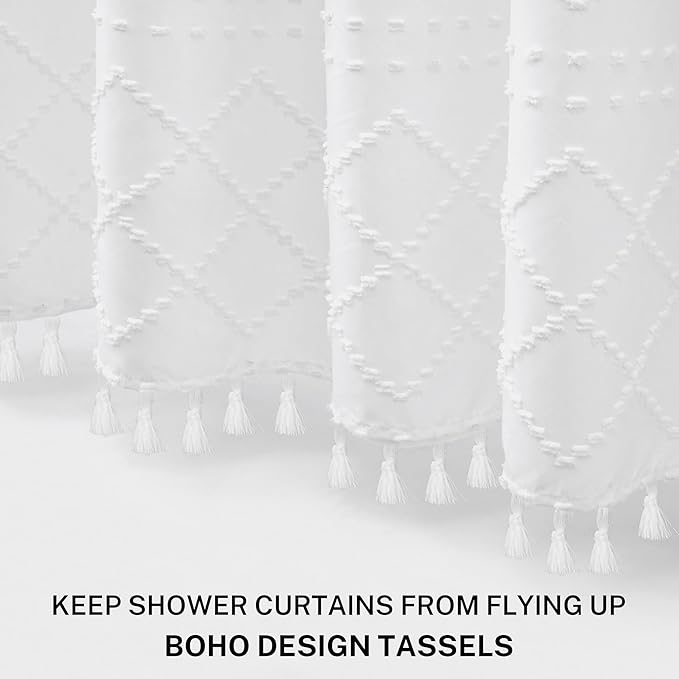 Small Stall Boho Shower Curtain White Tassle Woven Fabric Shower Curtain 36 x 72 Half Size Tufted Chevron Striped Textured Modern Farmhouse Minimalist Cloth for Bathroom