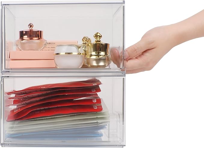 Stackable Clear Bin Plastic Organizer Drawers,Acrylic Bathroom Makeup Organizer Storage Drawers Bin,2 Pack