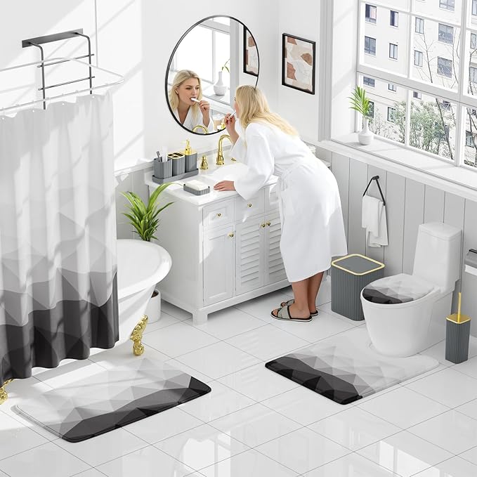 XLHOMO Bathroom Accessory Set - 26PC Bathroom Shower Curtain and Rug Set, Bathroom Accessories Set, Grey Bathroom Set with Trash Can, Toilet Brush, Qtip Holder & Soap Dispenser