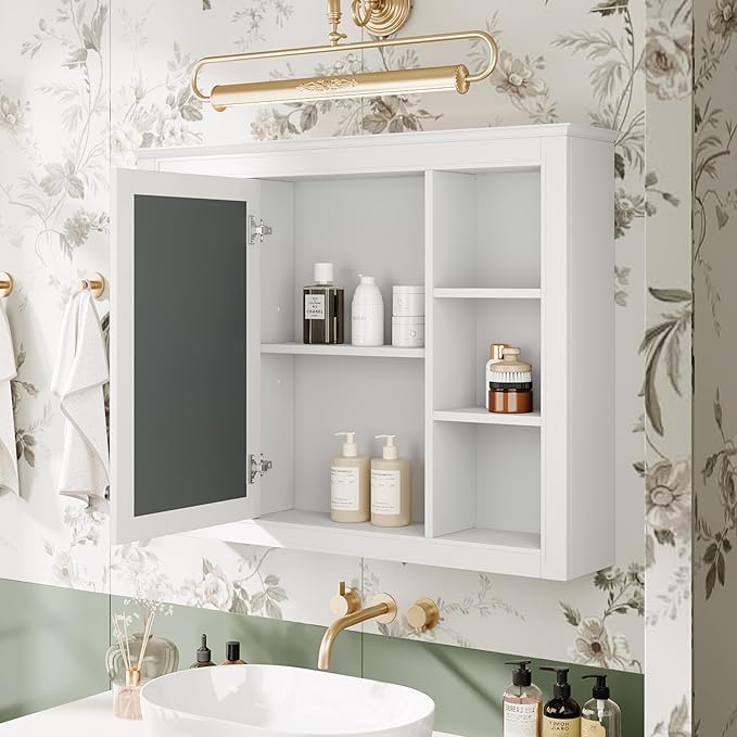 Merax Bathroom Medicine Cabinet with Mirror, 35" x 27.5" Wall Mounted Medicine Cabinet with Single Door and Shelves, Over The Toilet Mirrored Bathroom Storage Wall Cabinet