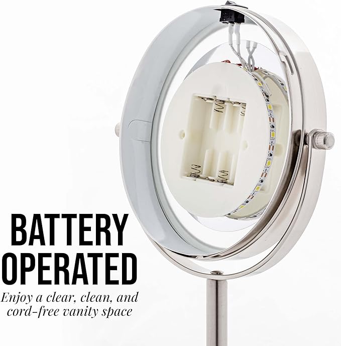 OVENTE Lighted Vanity Mirror 6 Inch Table Top 1X 7X Magnification LED 360 Adjustable Double Sided Spinning Personal Makeup Stand Desk Bathroom Battery Powered Round Large Nickel Brushed MLT60BR1X7X