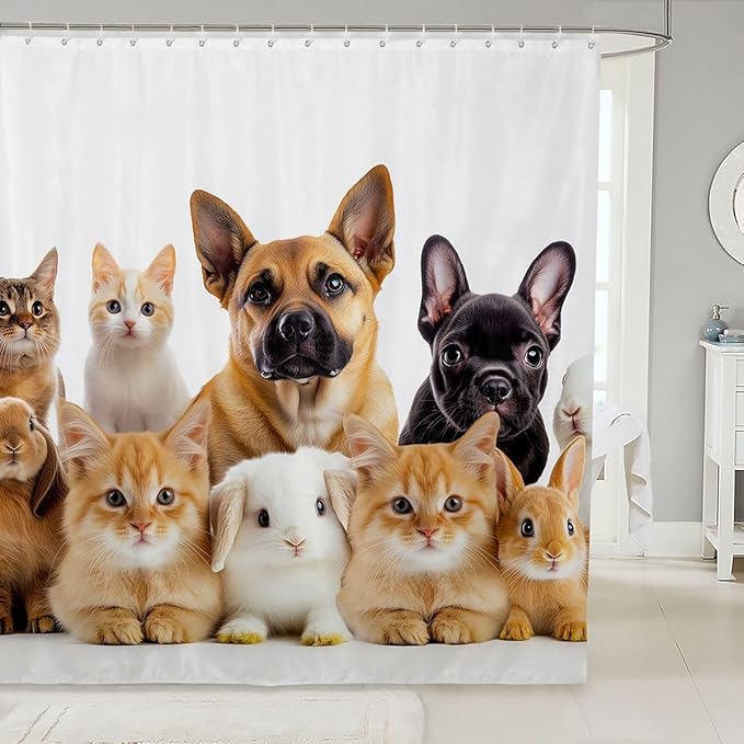 Feelyou Kids Dog Shower Curtain Puppy Cat Kitten Pattern Bathroom Shower Curtain Set for Boys Teens 3D Pet Animal Bath Curtain Cute Stalls Waterproof Curtain Bathtubs Decor 72"x84"