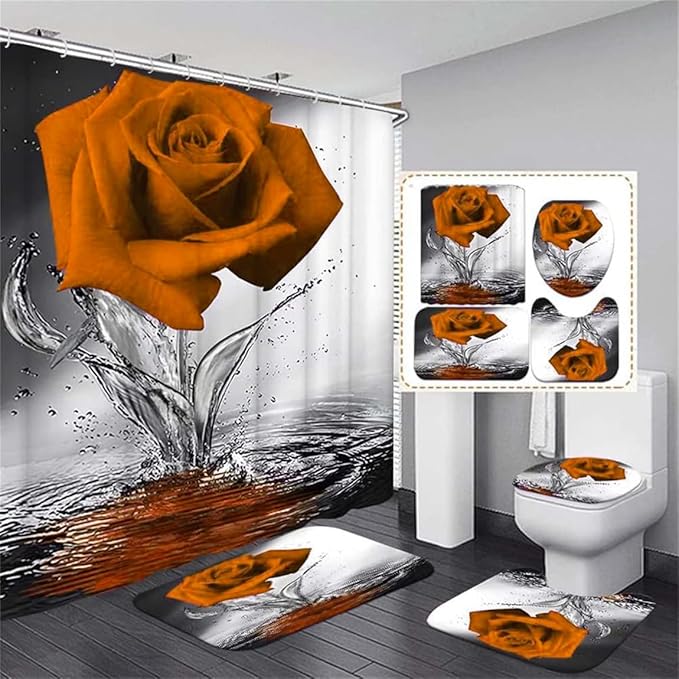 Orange Rose Bathroom Set with Shower Curtain, Non-Slip Rugs, Bath Mat, Toilet Lid Cover and 12 Strong Hooks - Modern Style