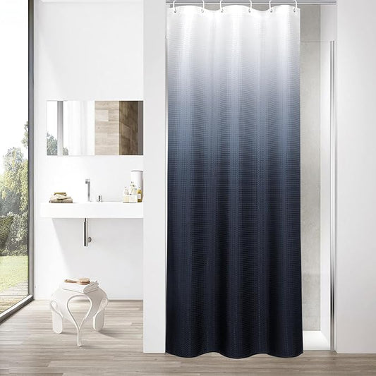 MitoVilla Navy Blue Ombre Waffle Small Stall Shower Curtain 36 x 72, Half Size Fabric Narrow Shower Curtains for Bathroom Decor, 36 inch Weighted Shower Curtain Set with Plastic Hooks