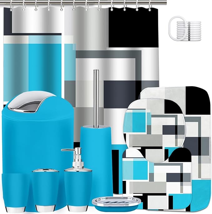 Lnond Blue Bathroom Set, 23-Piece Blue Black Geometric Bathroom Decor Set with with Shower Curtain and Rugs, Trash Can, Toilet Brush Holder Set & Soap Dispenser