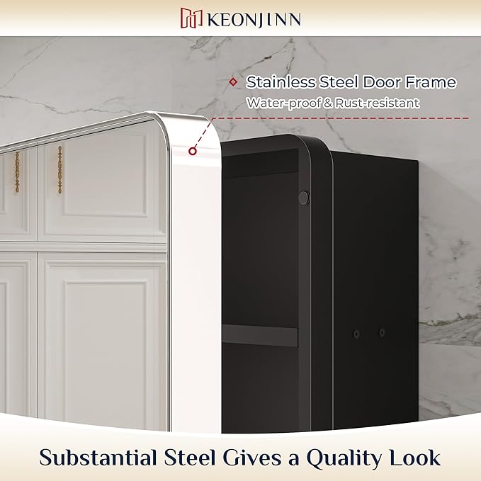 Keonjinn 60 x 32 Inch Large Chrome Medicine Cabinets, Recessed Bathroom Medicine Cabinet, Elegant Stainless Steel Framed, Sturdy & Heavy, Stepless Adjustable Shelves, DTC Hinges, Soft Closing, Modern