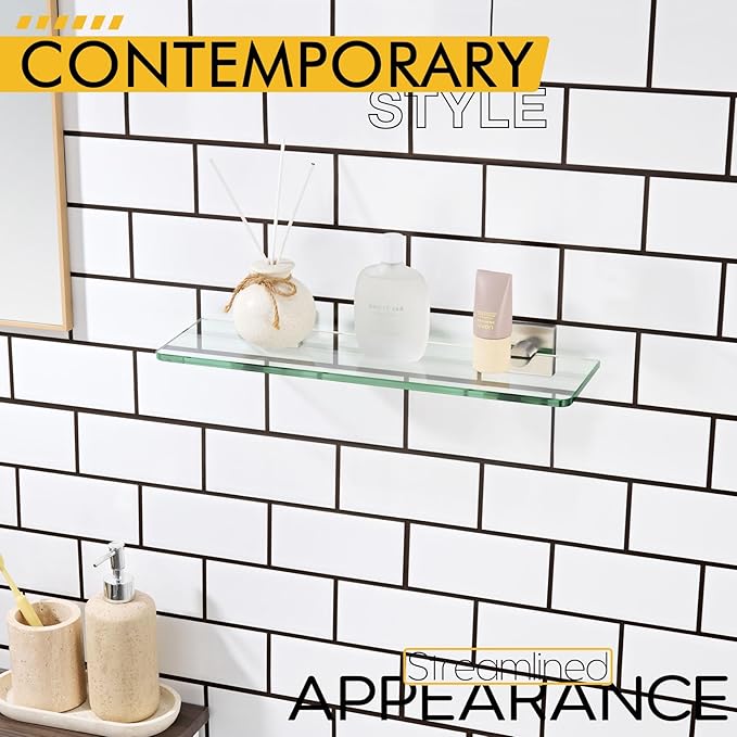 KOKOSIRI Glass Shelf for Bathrooms Floating Shelves Wall Mount 16-Inch for Shower Storage Kitchen Rack, 2 Pack Brushed Stainless Steel B1107BR-L16-P2