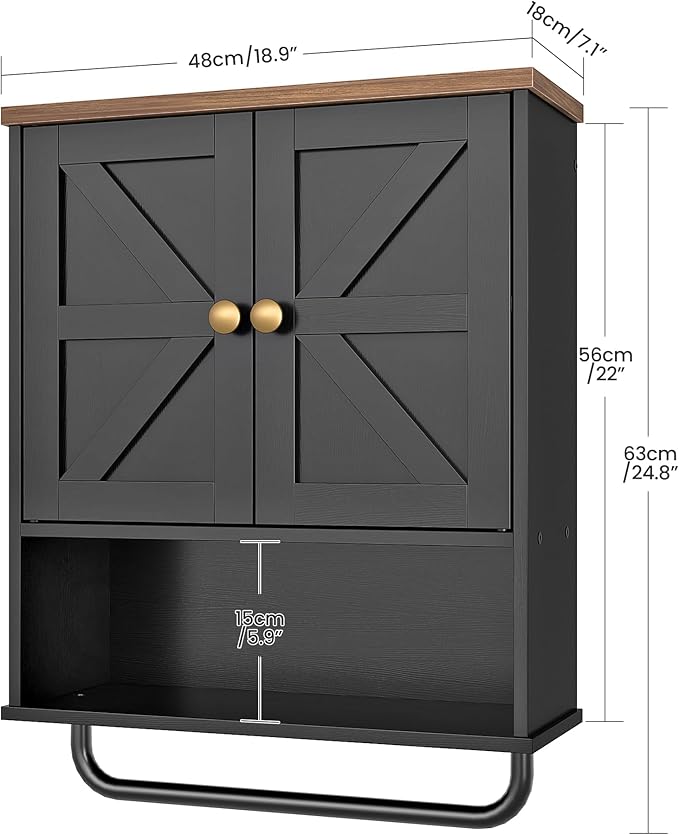 CHOEZON Bathroom Wall Cabinet, Medicine Cabinet with Open Partition and Towel Bar, Rustic Storage Cabinet with Open and Hidden Storage Space, for Bathroom, Living Room, Kitchen, Black and Walnut