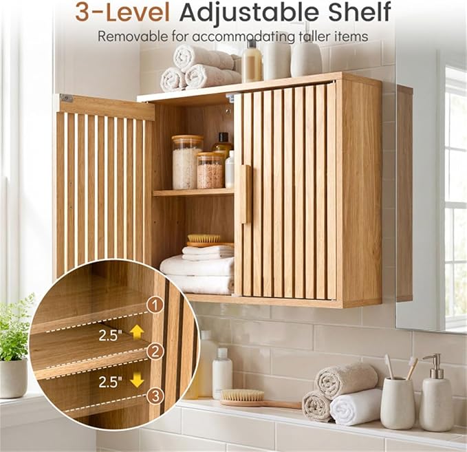 Bathroom Wall Storage Cabinet with Slatted Doors, Natural Engineered Wood, 24x8x20 Inch, Adjustable 3-Level Shelf, Magnetic Catches