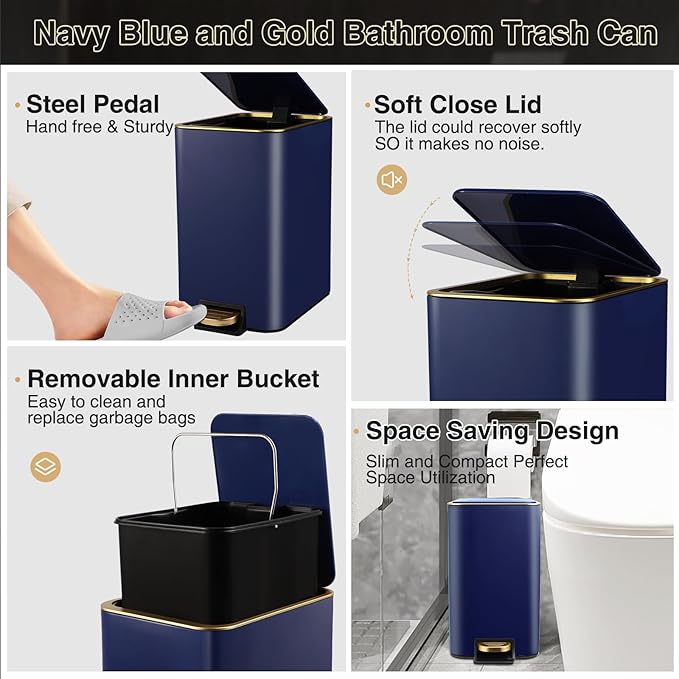 XLHOMO Bathroom Sets with Shower Curtain and Rugs Bathroom Accessories Set Navy Blue Bathroom Set,Soap Dispenser & Toilet Brush Holder Set with Stainless Steel Trash Can