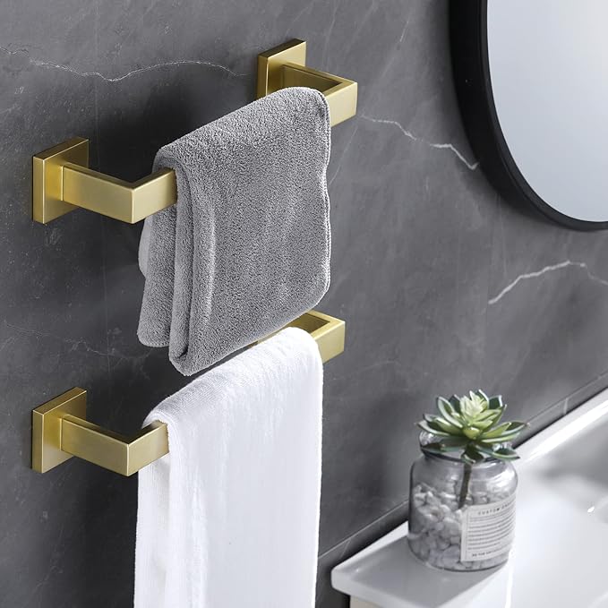 LANC 2-Pack Brushed Gold Bathroom Towel Bars, 12-Inch Bath Towel Racks for Toilet Kitchen Hand Towel Holders Hanger Rods Total-14 Bathroom Accessories Stainless Steel Wall Mounted,A8804-3BG