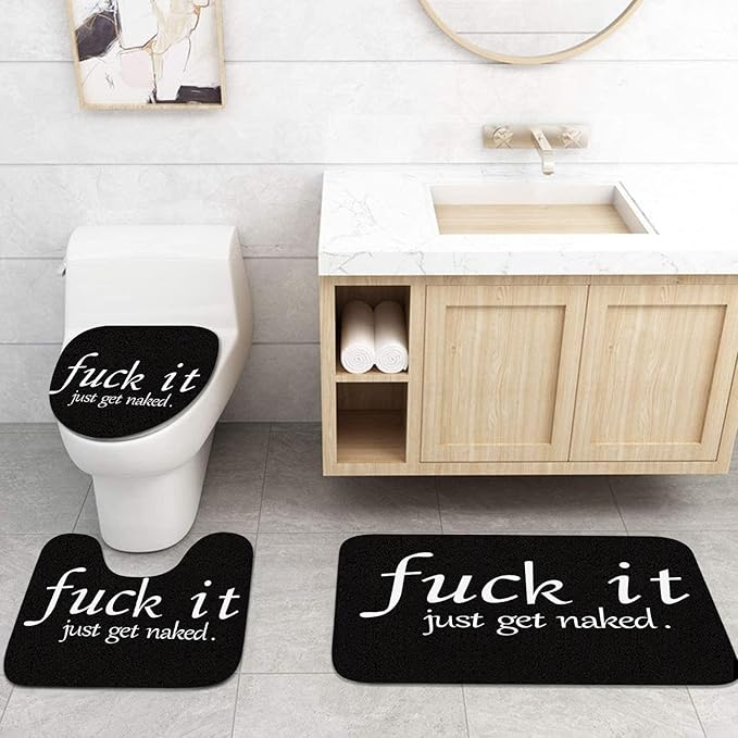 ArtSocket 4PC Funny Get Naked Shower Curtain Sets Bathroom Decor with Rugs, Non-Slip Rug,Toilet Lid Cover, Bath Mat and 12 Hooks 72x72 inches