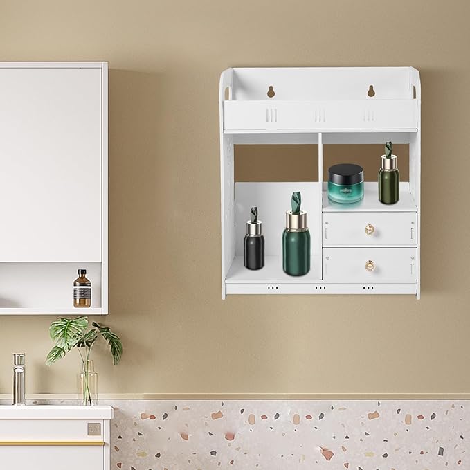 LYNICESHOP Wall Mount Bathroom Cabinet with 2 Drawers,Waterproof PVC Wall Shelf for Bathroom Storage, 33lbs Capacity Nail-Free Adhesive Mount, White Modern Vanity Organizer