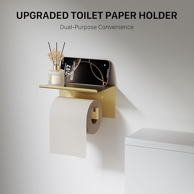 10-Piece Brushed Gold Bathroom Accessories Set, 23.6 Inch Bathroom Hardware Set, SUS304 Stainless Steel Bath Towel Bar Set, Toilet Paper Holder with Shelf, Towel Hooks & Ring Wall Mounted