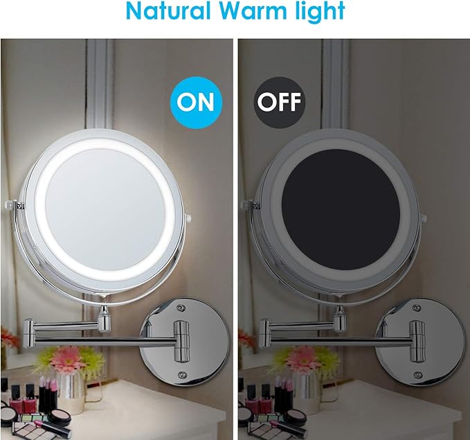alvorog Wall Mounted Makeup Mirror LED Lighted Double Sided 5X Magnification 360° Swivel Extendable Cosmetic Vanity Mirror for Bathroom Hotels, Powered by Batteries (Not Included)-7 inches