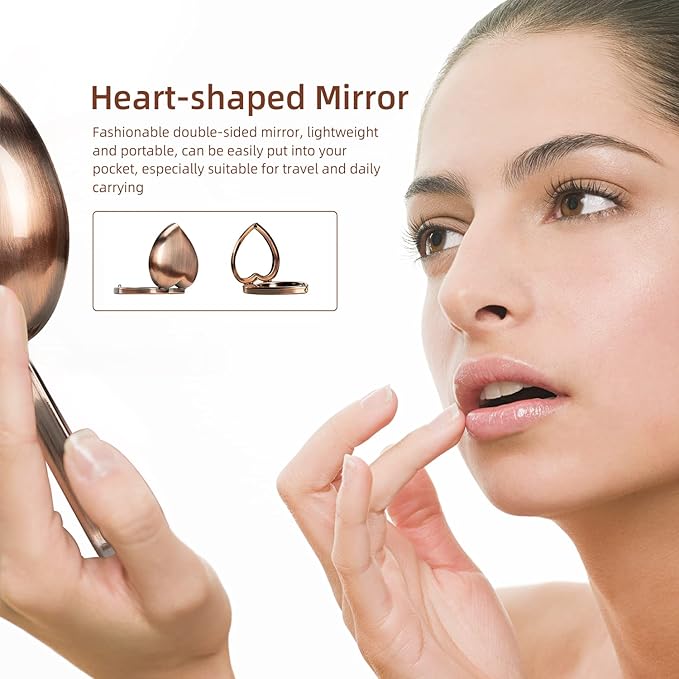 Mini Vintage Heart Elegant Makeup Mirror, Portable 1X/2X Magnifier (Retro Red)