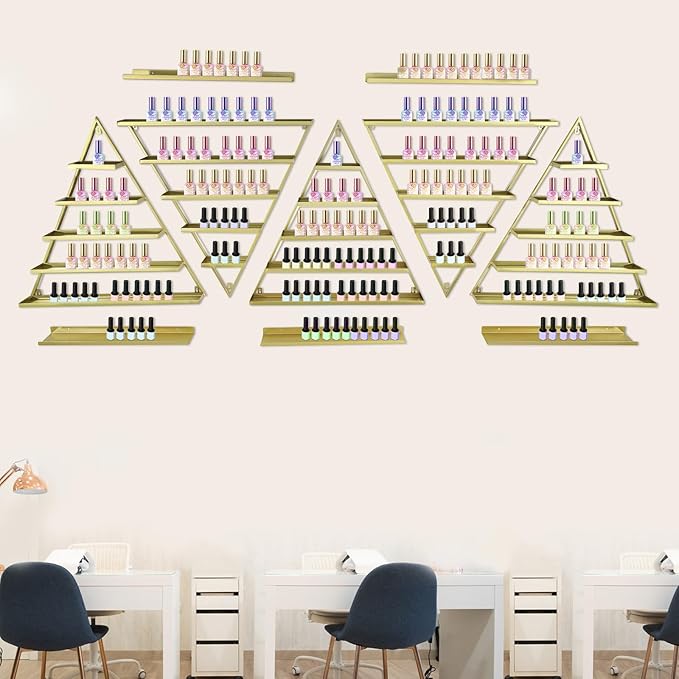 10 Pcs Nail Polish Organizer Rack Wall-Mounted Acrylic Nail Polish Rack - 5 Multi-Tier Triangular Racks and 5 Horizontal Bars for Home, Cosmetics Stores and Beauty Shops (Gold)