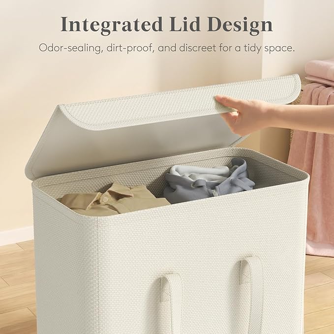 Lifewit Narrow Hamper with Lid, Tall Laundry Basket Collapsible, Slim Laundry Bin Dirty Clothes Storage with Easy Carry Extended Handles, 64L White