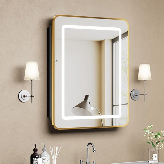 LOVMOR Led Medicine Cabinet with Mirror, Bathroom Vanity Mirror Cabinet with Shelves, 3-Color Lights Dimmer, Gold 30" H x 24" W