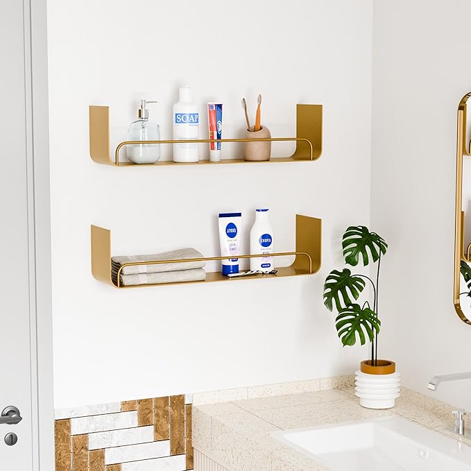 2 Pack Gold Shower Caddy, Metal Floating Gold Bathroom Shelf with Guardrail, U-Shaped Wall Mounted Shelves for Kitchen, Living Room, Bedroom, Home Storage and Organizer
