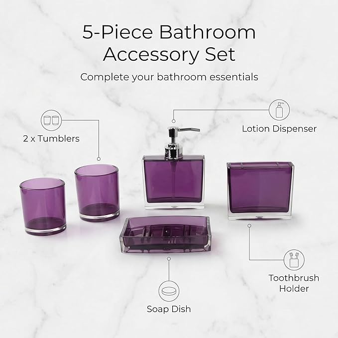 Purple Bathroom Accessories Set - 5 Pcs Acrylic Bathroom Accessory Set - Toothbrush Holder, 2 Toothbrush Cups,soap Dispenser, soap Dish for Bathroom(Purple)
