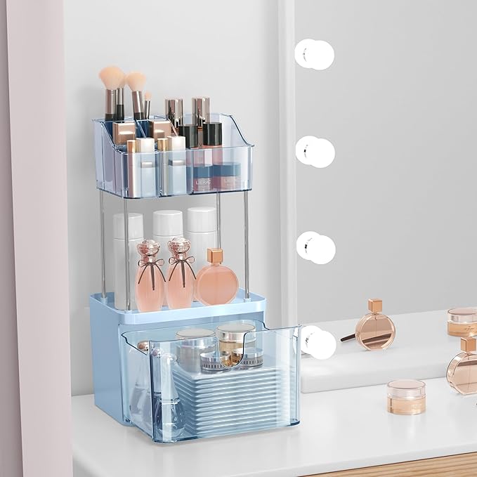 Small Bathroom Counter Organizer - 3 Tier Makeup Organizer Countertop - Multi-Purpose Skin Care with Drawer for Vanity, Cosmetic Counter Organizer (Blue)