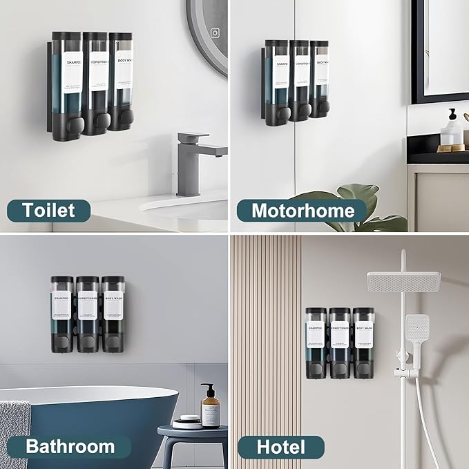 3 Pack Shampoo and Conditioner Dispenser, Shower Soap Dispenser 3 Chamber No Drill Wall-Mounted, Body Wash and Shower Dispenser Set for Shower Wall, Elegant Large Capacity for Bathroom Hotel, Black