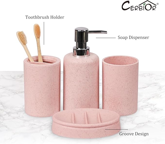 CERBIOR Bathroom Accessories Set 6 Piece Wheat Straw Bath Ensemble Includes Soap Dispenser, Toothbrush Holder, Toothbrush Cup, Soap Dish for Decorative Countertop and Housewarming Gift (Pink)