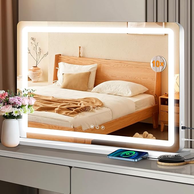 Ratsamee 32"x24" Vanity Mirror with Lights, Led Makeup Mirror, Lighted Makeup Mirror with 3 Color Dimmable Lights, Smart Touch Screen Control, Aluminum Metal Frame,USB Charging Port