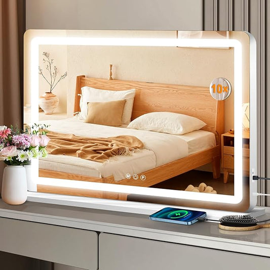 Ratsamee 32"x24" Vanity Mirror with Lights, Led Makeup Mirror, Lighted Makeup Mirror with 3 Color Dimmable Lights, Smart Touch Screen Control, Aluminum Metal Frame,USB Charging Port