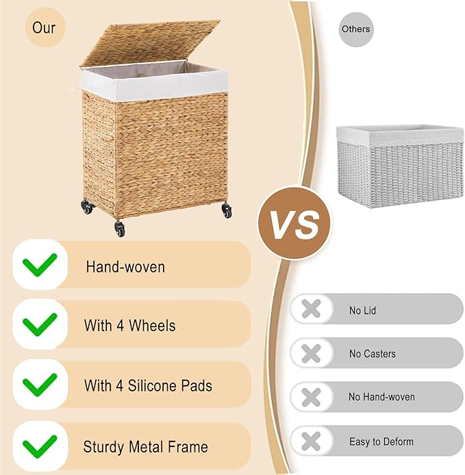Handwoven Hamper with Lid, Laundry Basket with Wheels, Machine Washable Liner, 2 Section Clothes Hamper for Bathroom Laundry Room Bedroom(Natural, 125L)