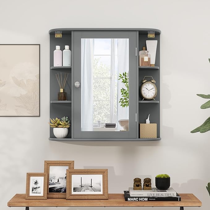 COSTWAY Medicine Cabinet with Mirror, Wall Mounted Bathroom Storage Cabinet with Mirror Door and Adjustable Shelves, Space-Saving Storage Organizer for Living Room Kitchen Entryway (Gray)
