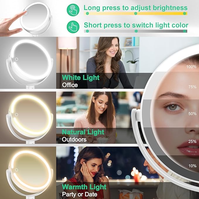 20X/1X Magnifying Makeup Mirror with Lights, Double-Sided Home Vanity Mirror with 3 Color Brightness Adjustable, 360° Rotation, Adjustable Height, Rechargeable, Phone Holder and Storage Tray