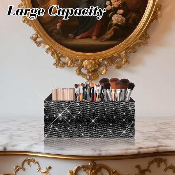 Bling Makeup Brush Holder Organizer, 3 Slot Sparkle Cosmetics Brushes Storage Holders with Shiny Rhinestones, Glitter Cute Pen and Pencil Holder for Desk, Eyeliners Display Case for Vanity???Black???