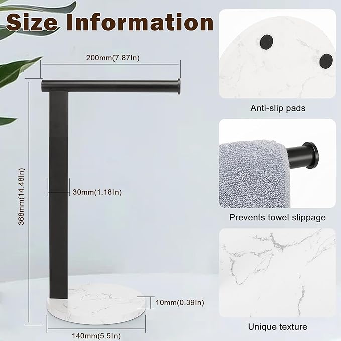 Hand Towel Holder Stand for Bathroom, L- Shaped Standing Hand Towel Rack, Towel Bar Kitchen Vanity Countertop Organizer, SUS304 Stainless Steel Material, Marble Base (Matte Black)